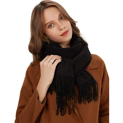 Immagine di MaaMgic Sciarpa con Frange in Tinta Unita Pashmina da Donna Morbida e Soffice di Misto Cotone per Autunno Invernale 200 * 70cm, nero