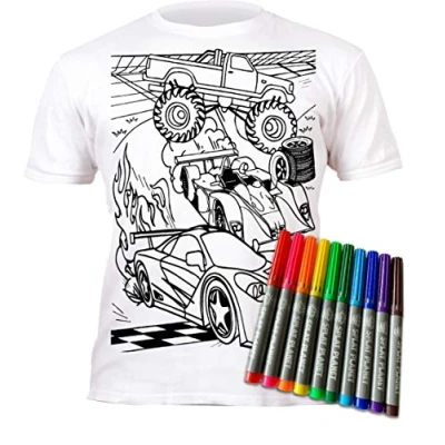 Immagine di Splat Planet Macchina Auto da Corsa T Shirt Maglietta Magica Colorare con 10 Penne Magiche Lavabili Atossiche Colora La Tua Maglietta, E Lava Via Ricolora (3 4 Years)