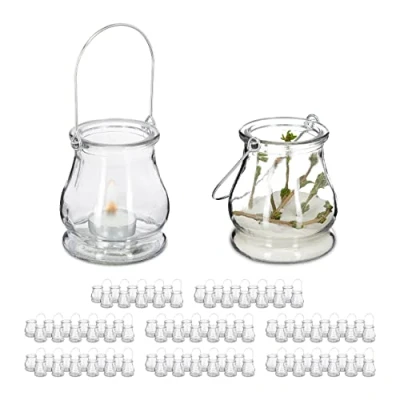 Immagine di Relaxdays 96x Vasetti Portacandele, in Vetro, Ampolle con Manico, Interni e Esterni, HxD 10x8,5 cm, Trasparente