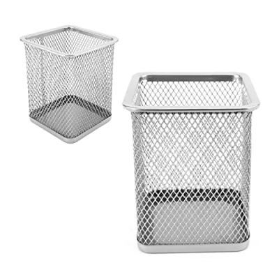 Immagine di D.RECT 2 pezzi Portapenne quadrato in metallo cubo Mesh multifunzione tazza per penna a sfera argento