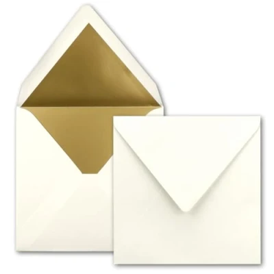 Immagine di 10x buste quadrate 15,5 x cm Colore: bianco naturale foderato con carta metallizzata oro Incollaggio a umido per inviti e saluti cari