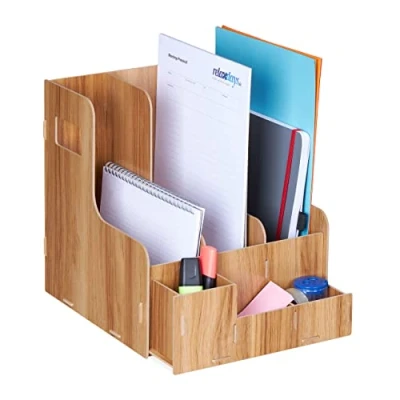 Immagine di Relaxdays Portadocumenti 3 Cassetti Documenti DIN A4 27x24x31,5 cm Desk Organizer Portariviste Ufficio e Scuola, Marrone, 100% Fibra di Legno 0%
