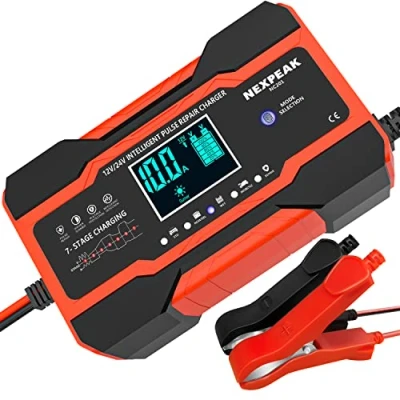 Immagine di Carica Batterie per Auto, Caricabatteria da Auto 12V / 24V 10A Multi Protezioni e Mantenitore,Intelligente Touch Schermo LCD Completamente Automatico (Rosso)