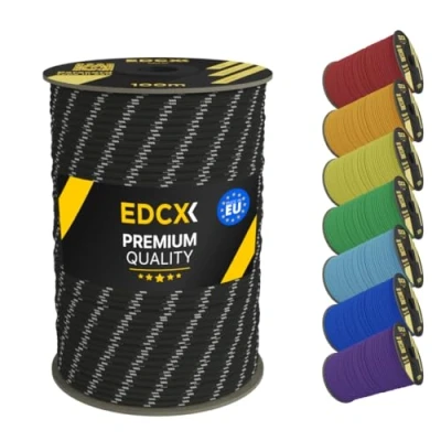 Immagine di EdcX 4mm Nylon Paracord 550 100m (330 Piedi) Tipo III, Corda 100% Nylon, 7 Fili, in Tinta Unita (Reflective Black, 100 m)