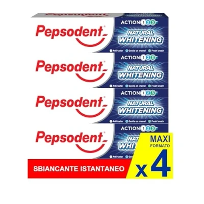 Immagine di Pepsodent Dentifricio sbiancante naturale al fluoro e calcio per denti più bianchi in una settimana 75 ml (pacco da 4x75ml)
