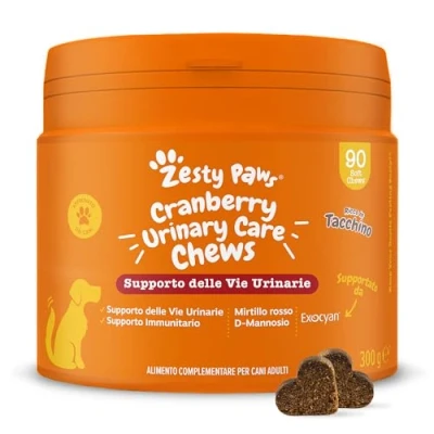 Immagine di Zesty Paws Cranberry Urinary Care Supporto delle Vie Urinarie Integratori per Cani D mannosio, vitamina B6 e Exocyan Alimento Complementare Adulti Gusto Tacchino 90 Pezzi