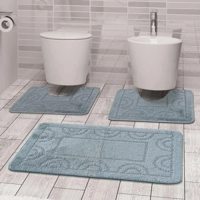 Immagine di Comart, Tappeto Nicole da Bagno, Parure Set Completo 3 Pezzi, Asciugatura Rapida, Fondo Antiscivolo in Latex, Tinta Unita, Scendi Doccia e Vasca, per WC Bidet, Lavabile Lavatrice, Colore Grigio