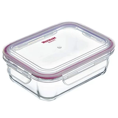 Immagine di Westmark Contenitore salva freschezza in vetro, Tappo ermetico, Capacità: 640 ml, Adatto per microonde, freezer e forno, Senza BPA, Vetro/Plastica/Silicone, Trasparente/Rosso, 234222E1