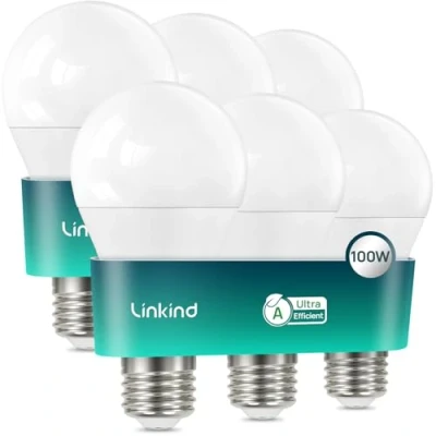Immagine di Linkind Lampadina LED ultra efficiente E27 1521 lm, 7,2 W = 100 W, Bianco neutro 4000 K, Classe di efficienza energetica A, Non dimmerabile, a risparmio energetico A60 E27, Pacco da 6