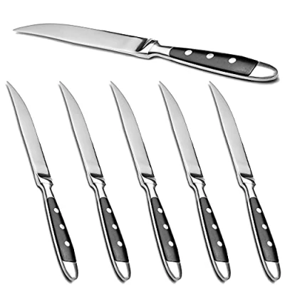 Immagine di Kerafactum Set di 6 coltelli da bistecca in acciaio inox con lama seghettata manico nero bistrot estensibile