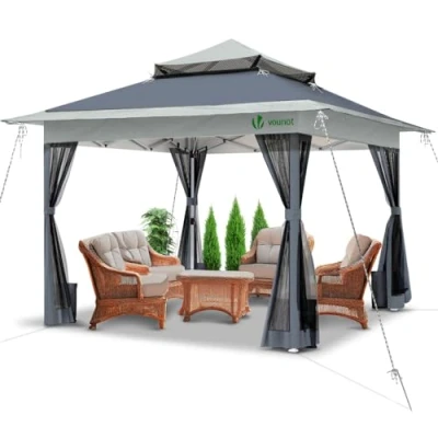Immagine di VOUNOT Gazebo 3.6x3.6m Pieghevole con 4 Parti Laterali in Rete, da Giardino Tenda Padiglione Pop Up Doppio Tetto, Sacchi di Sabbia Peso e Sacca Trasporto, Colore Grigio