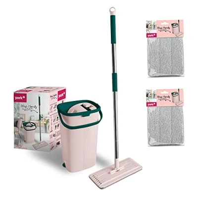 Immagine di York Mocio piatto per cellulare con manico e secchio in microfibra assorbente la pulizia del pavimento senza macchie d&#039;acqua rosa verde 2 cartucce extra capacità secchio: 6 litri