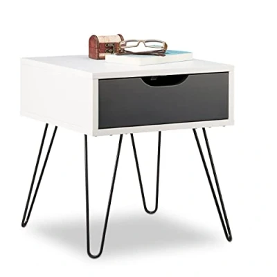 Immagine di Relaxdays 44 X 40 Cm, Comodino con Cassetto, Design Moderno, Quadrato, Tavolino Camera da Letto, HxLxP Nero, Pannelli MDF, Ferro, Bianco Grigio