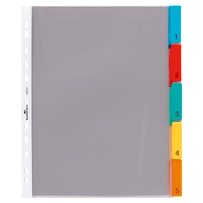 Immagine di Durable 663019 Busta intercalare forata, cavalierini colorati, set di etichette bianche o stampate 1 5, f.to A4, 5 tasti, foratura universale, trasparente
