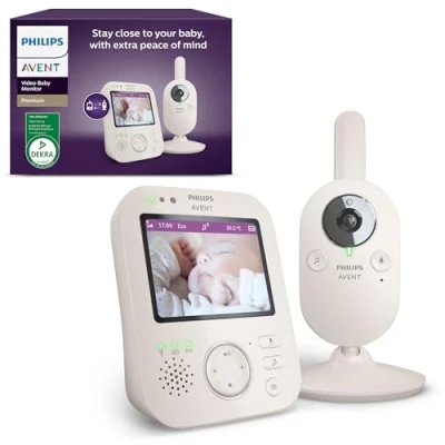 Immagine di Philips Avent Premium Video Baby Monitor, Certificato DEKRA, telecamera e audio, bianco, display da 3,5&quot;, zoom x4, funzione di comunicazione a 2 vie, ninne nanne rilevazione temperatura, SCD891/26