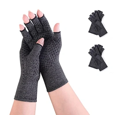 Immagine di 2 Paia Guanti Artrite Senza Dita Artrosi Reumatoide Compressione Gaming Terapia Mani Sindrome Raynaud per Computer Scaldamani Antiartrite (L, Grau)