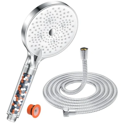 Immagine di soffione doccia con tubo 1,6M, anticalcare, YEAUPE PRO alta pressione risparmio idrico 7,5L/min, grande (130 mm) 6 tipi di getto, cromato Bianco