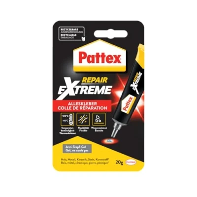 Immagine di Pattex Repair Extreme, adesivo multiuso flessibile e non restringente, di riparazione resistente alle temperature, forte per uso interno ed esterno, 1x tubo da 20 g