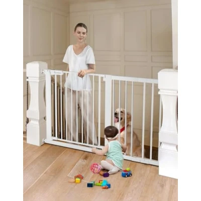 Immagine di COMOMY 75 131cm Cancelletto per Cani, Scale Bambini, Cancello Sicurezza Bimbo, Fissaggio a Pressione, Chiusura Automatica, con Segno Verde/Rosso, Interno/Esterno, Bianco