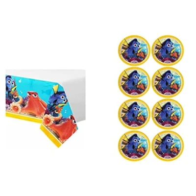 Immagine di ALMACENESADAN, 4868, confezione Cerco Dory composto da 8 piatti di cartone 23 cm e tovaglia festa 120x180 cm, ideale per feste compleanni, Multicolore, 8435510348687