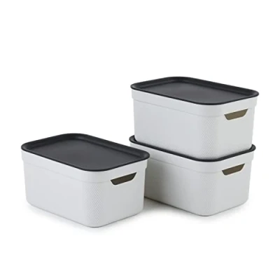 Immagine di Rotho Jive Dekobox Set di 3 scatole portaoggetti da 5 l con coperchio, in plastica (PP riciclata), bianco/antracite, x (26,5 18,5 13,2 cm)