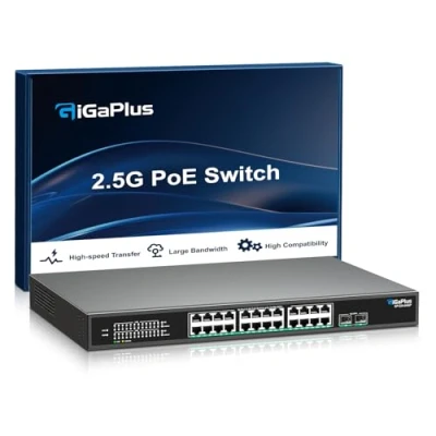 Immagine di switch PoE non gestito a 26 porte 2.5Gb con 24 Base T 2.5G, 2 uplink SFP+ 10G, 802.3af/at (PoE+), capacità di commutazione 160Gbps, GigaPlus per NAS/PC 2.5Gb, Router WiFi6