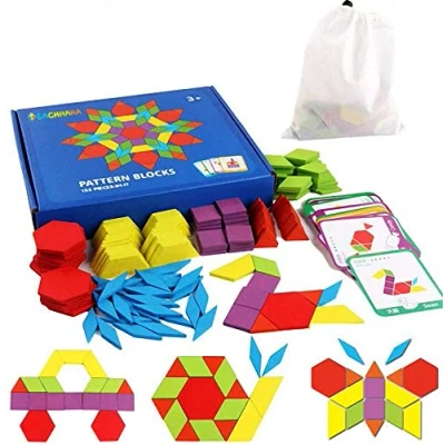 Immagine di EACHHAHA Montessori Puzzle in Legno di 155 Forma Geometrica Tangram Toy Card Divertente Giocattolo educativo Ci Sono Pezzi Geometriche e 24 Carte apprendimento per 3 4 5 6 Anni Bambini