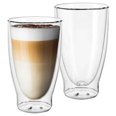 Immagine di Set di bicchieri da caffè a doppia parete, 2 x 400 ml, ideali per latte macchiato, cappuccino, espresso, design elegante, resistente al calore, lavabile in lavastoviglie, vetro