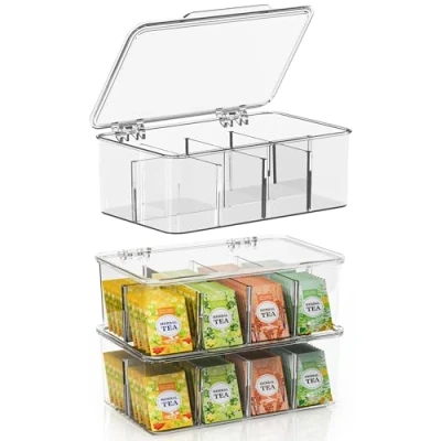 Immagine di KICHLY Porta bustine the e tisane, confezione da 3 24 scomparti in acrilico scatola per tè, spezie, caffè, piani di lavoro della cucina, armadi (trasparente)