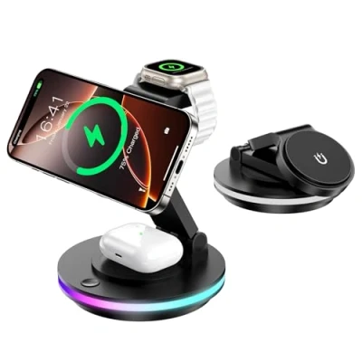 Immagine di Mag Safe, caricatore 3 in 1 per Apple Watch e iPhone, pieghevole, girevole con regolazione della luce, caricabatterie wireless supporto di ricarica iPhone 16/15/14, (senza adattatore) nero