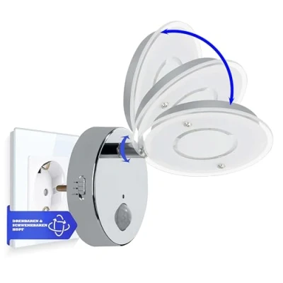 Immagine di Trango 2636 018 Luce notturna con sensore LED *NITE* in cromo funzione automatica direttamente 230V di movimento I sicurezza Lampada da presa &amp; parete orientamento