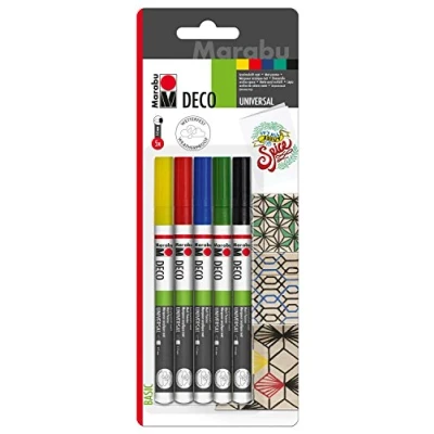 Immagine di Marabu 0122000000080 Deco Painter, matite acriliche opache a Base d&#039;Acqua, ad Asciugatura Rapida, Punta Universale con Spessore del Tratto 1 2 mm, 5 Penne in Giallo, Rosso, Blu, Verde e Nero