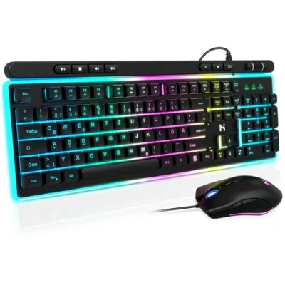 Immagine di HLONONE Set tastiera e mouse da gioco, retroilluminazione a LED arcobaleno, cavo USB, ergonomica per PC gamer ufficio, layout QWERTZ DE, colore nero
