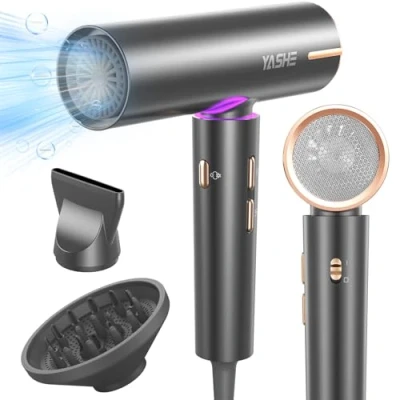 Immagine di YASHE Asciugacapelli Ionico, Motore Senza Spazzole a 110.000 g/min, diffusore e concentratore, 3 velocità, 4 impostazioni di calore, pulsante raffreddamento, asciugatura rapida 23m/s, 1800W