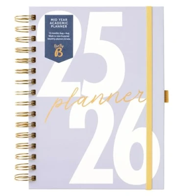 Immagine di Busy B A5 Diary Mid Year Academic Planner Aug &#039;25 &#039;26 Lavender Cover Week to View with Monthly Planners, Storage Pocket, Stickers, Space for Notes, Timetables &amp; Goals