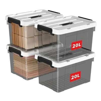 Immagine di Cetomo Scatola portaoggetti in plastica da 20 l* 4, contenitore per organizzare con coperchio durevole e fibbie di chiusura sicure, impilabile annidabile, 4 pezzi, nero trasparente fibbia nera