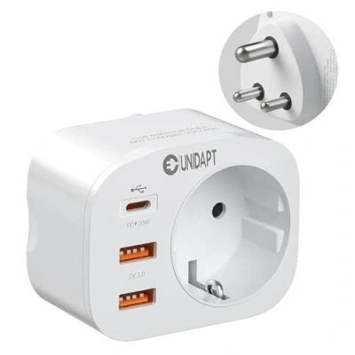 Immagine di Unidapt adattatore da viaggio 4 in 1 per India con 3 USB, India, spina tipo D, Sri Lanka, Nepal,