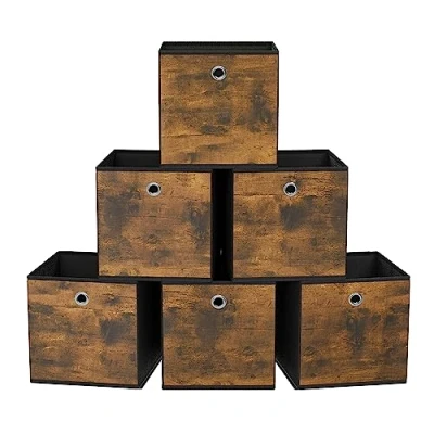 Immagine di SONGMICS Scatole Portaoggetti, Set di 6 Contenitori con Manico, in Tessuto Oxford e Non Tessuto, 26 x 28 cm, per Scaffali a Cubo, Pieghevoli, Marrone Vintage Nero RFB126B01