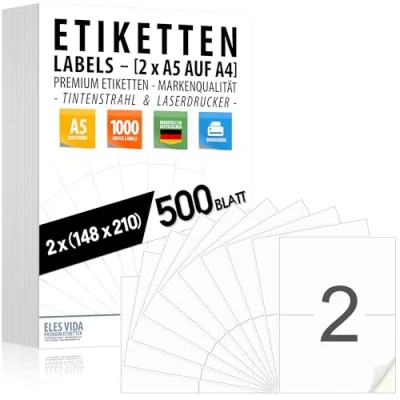 Immagine di Etichette autoadesive DIN A5 (2 per foglio A4) 210 x 148 mm, stampabili, bianco opaco, con stampanti a getto d’inchiostro e laser, adesivi molteplici utilizzi 500 fogli (1000 etichette)