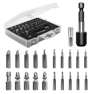 Immagine di Nuovoware Set di estrattori per viti, 22 pezzi, con supporto magnetico punte prolunga e adattatore base, in acciaio rapido, colore nero