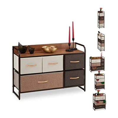 Immagine di relaxdays Mobiletto con Cassetti, 5 Tiretti Pieghevoli in Tessuto, Ripiano, HLP 58 x 87,5 31,5 cm, Marrone