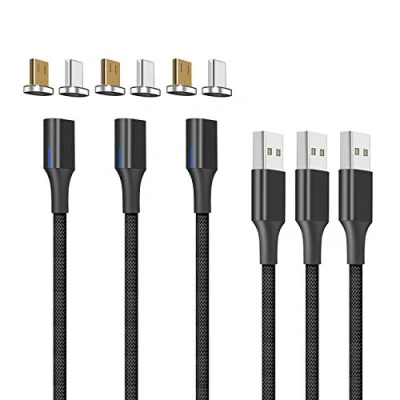 Immagine di NetDot Gen10 Cavo di Ricarica Magnetica Intrecciato in Nylon con LED Laterale Compatibile Dispositivo Micro USB e C (2m/3 pack nero)