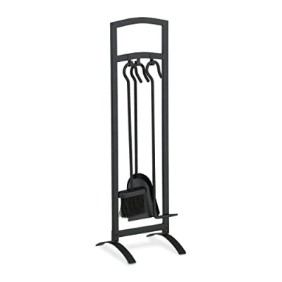 Immagine di Relaxdays Camino, Moderni, 4 Accessori con Attizzatoio, Paletta, Scopino e Supporto Porta Attrezzi, Nero, 100% Acciaio, Set da pz