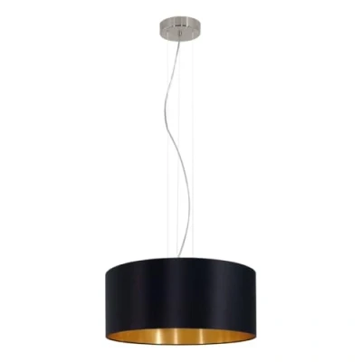 Immagine di Eglo La lampada a sospensione Maserlo, tessile tre punti luce, in acciaio e tessuto, nichel opaco, nero, oro, attacco E27, diametro 53 cm