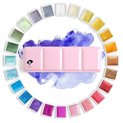 Immagine di Paul Rubens Pitture ad Acquerello, Colori Solidi Glitter per Artista Custodia in Metallo Portatile Rosa con Palette 24 Set