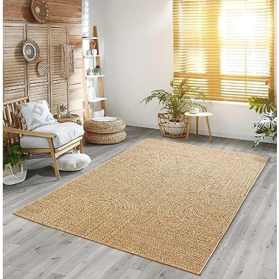 Immagine di the carpet, Kansas Tappeto robusto per interni ed esterni, con effetto iuta naturale, resistente alle intemperie, adatto terrazza e giardino, 80 cm, rotondo