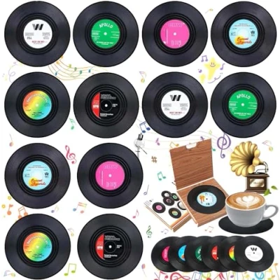 Immagine di SoundZero 12 Pezzi Sottobicchieri, Sottobicchieri di Bevande Record, Ottobicchieri Rétro in Stile Disco Vinile, Dischi CD Retrò, Rotonda Vintage Vinyl Record