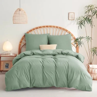 Immagine di WAVVE biancheria da letto 155 x 220 cm, 3 pezzi, verde salvia, copripiumino set con 2 federe 80 di in microfibra chiusura lampo,