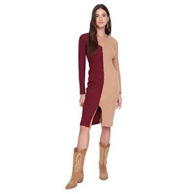 Immagine di Trendyol Abito in Maglia con Scollo a V Standard Aderente Donna Vestito, Borgogna