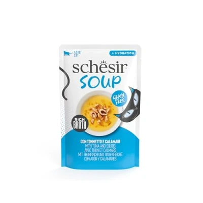 Immagine di Schesir, Zuppa con Filetti di Tonno e Calamari, Cibo Umido Complementare per Gatti, Ricetta Originale, 100% Naturale, 12 buste da 40g